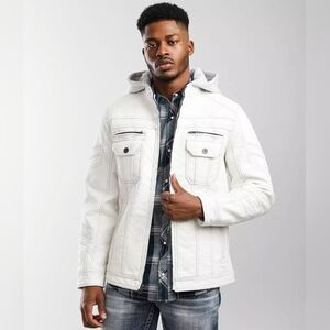 Buckle Black White Faux Leather Jacket with Zip-Away Hood Size L